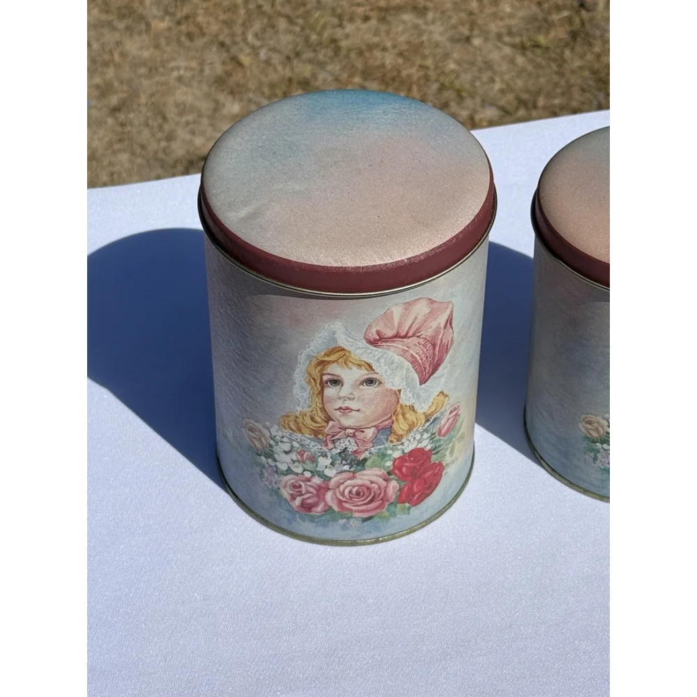 Vintage Metal Round 3 Tin Canister Victorian Women Girl Pink Floral Bonnet